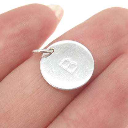 925 Sterling Silver Letter "B" Initial Heart Round Tag Minimalist Charm Pendant