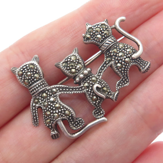 925 Sterling Silver Vintage Real Marcasite Dad Mom & Child Cat Oxidized Brooch