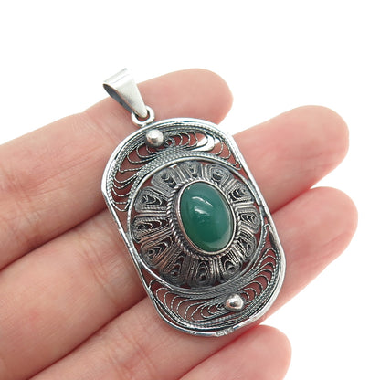 800 Silver Vintage Real Green Onyx Filigree Oxidized Pendant