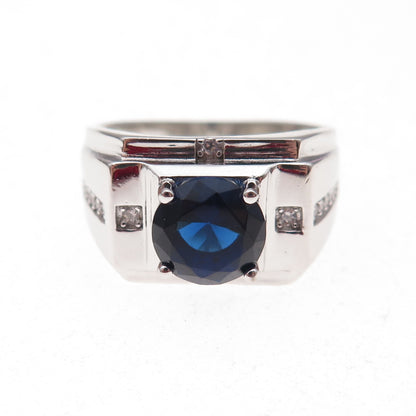 925 Sterling Silver Round-Cut Blue & White C Z Ring Size 8.5
