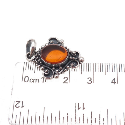 925 Sterling Silver Vintage Real Amber Beaded Oxidized Charm Pendant