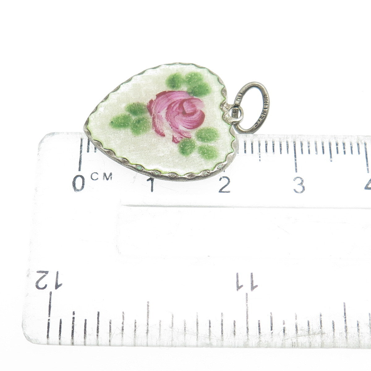 BEAU 925 Sterling Silver Antique Art Deco Enamel Rose Flower Heart Charm Pendant