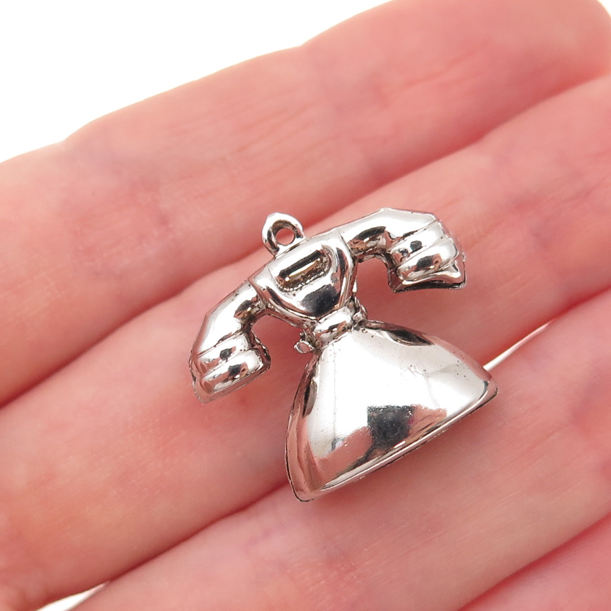 925 Sterling Silver Vintage Retro Rotary Phone 3D Charm Pendant