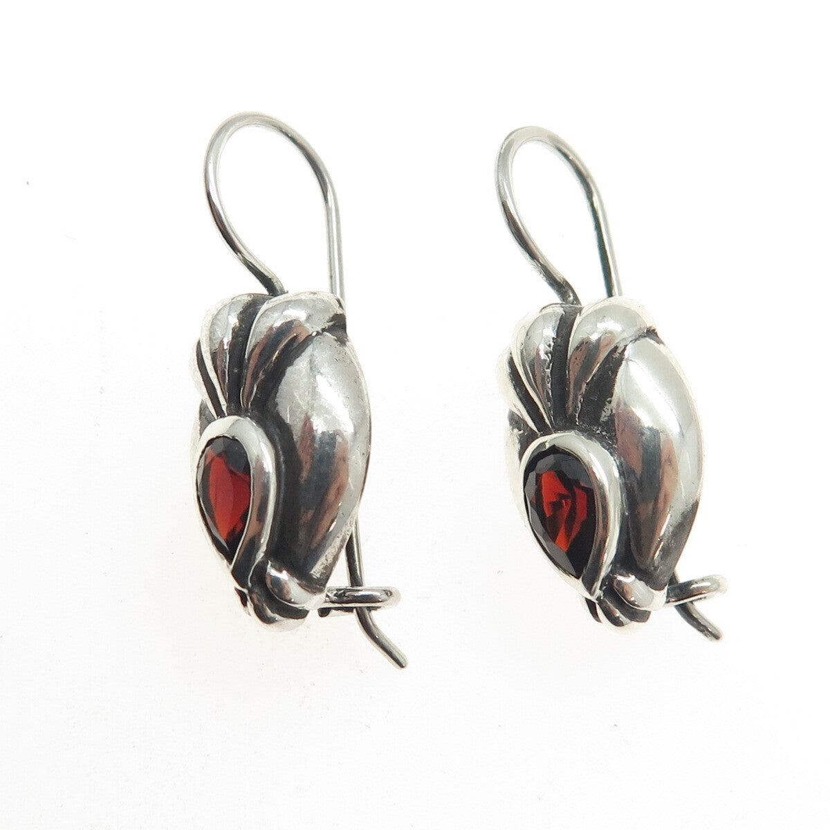 925 Sterling Silver Vintage Real Pear-Cut Red Garnet Oxidized Earrings