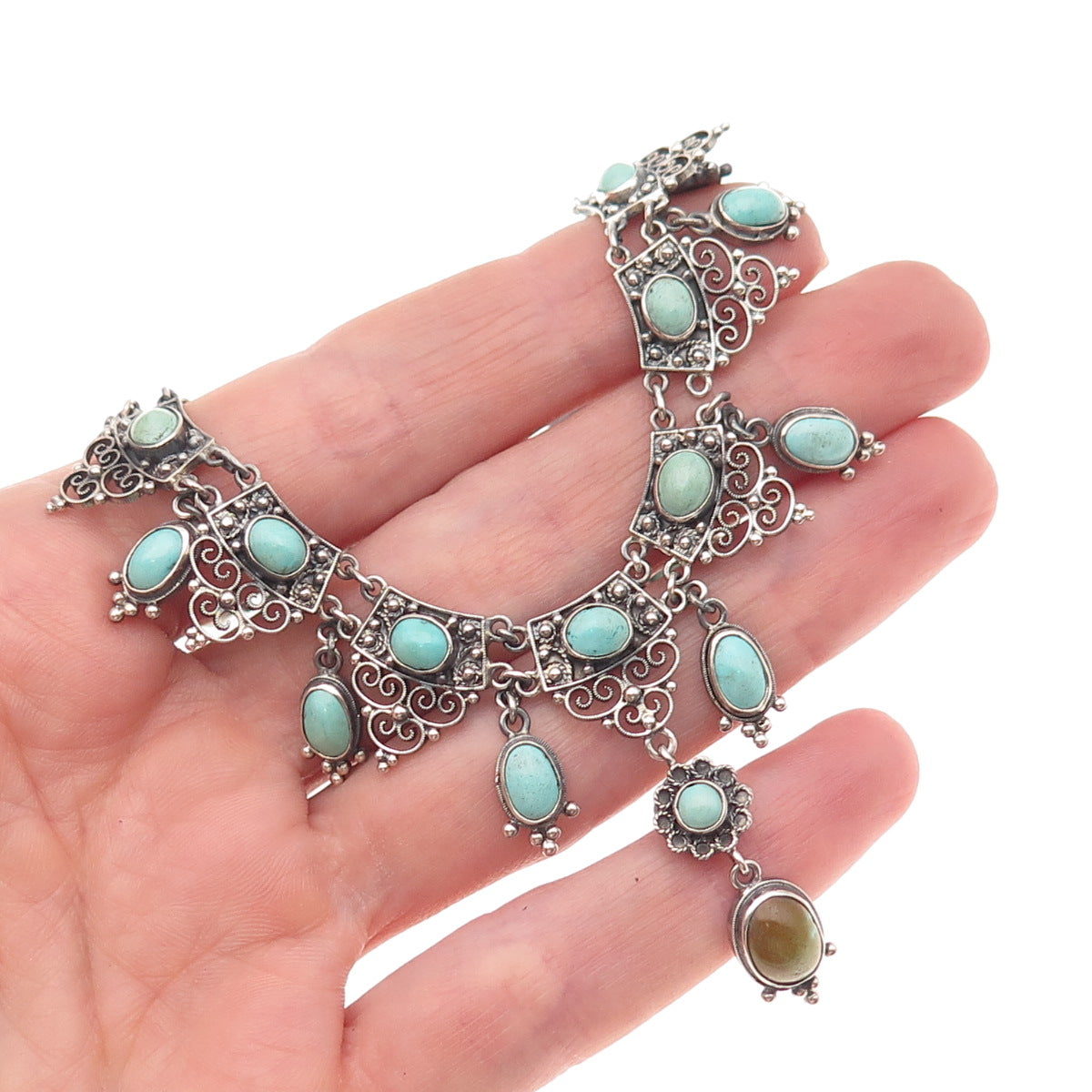 800 Silver Antique Austro-Hungarian Real Turquoise Necklace 16" (missing links)