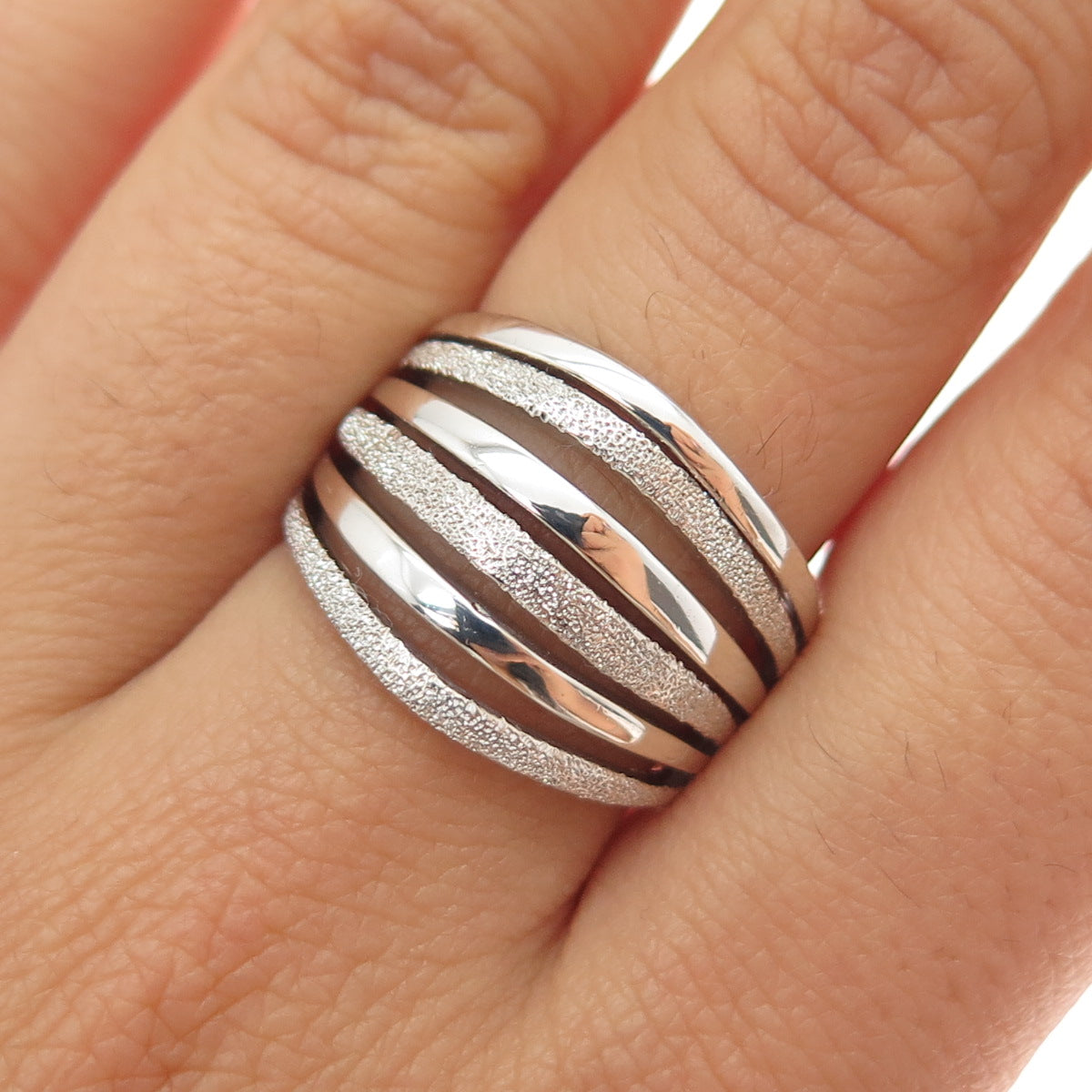 925 Sterling Silver Vintage Diamond-Illusion Modernist Multi-Row Ring Size 8