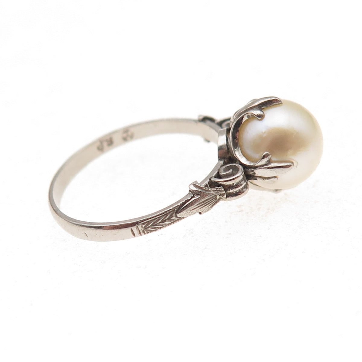 925 Sterling Silver Antique Art Deco Real Pearl Oxidized Ring Size 6.75