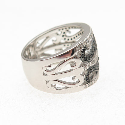925 Sterling Silver Round-Cut Black & White C Z Heart Swirl Ring Size 7