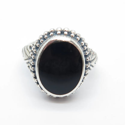 925 Sterling Silver Vintage Real Black Onyx Gem Oval Beaded Ring Size 7.25