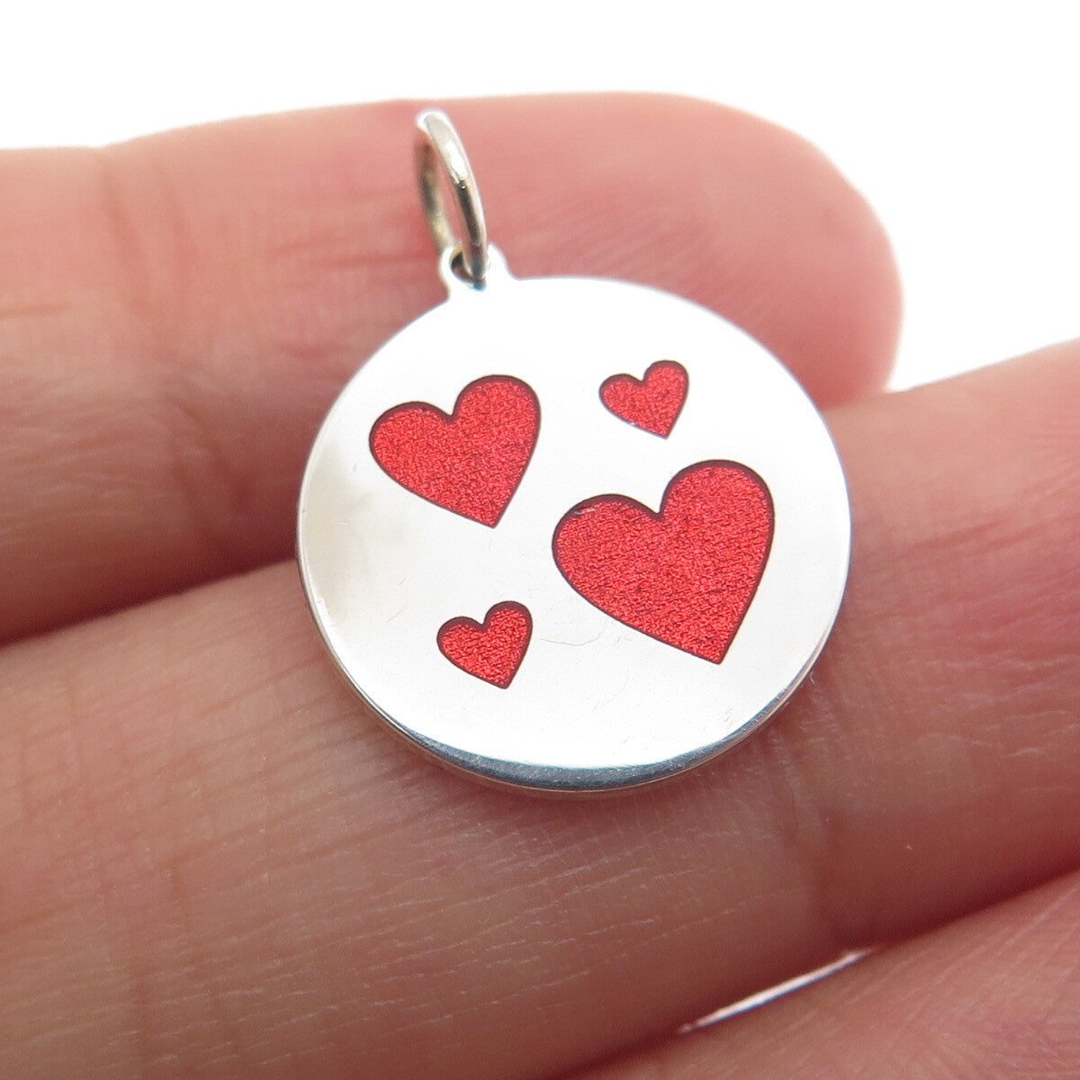 925 Sterling Silver Red Enamel Family Heart Round Tag Minimalist Charm Pendant