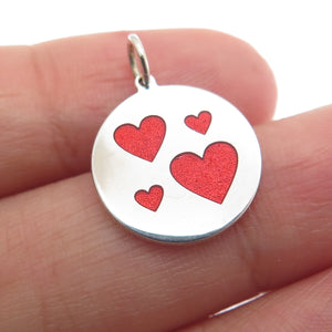 925 Sterling Silver Red Enamel Family Heart Round Tag Minimalist Charm Pendant