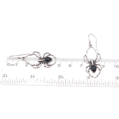 925 Sterling Silver Vintage Real Black Onyx Spider Oxidized Dangle Earrings