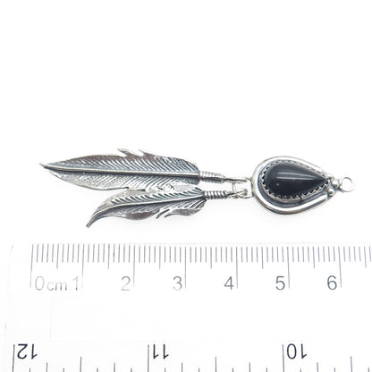 Old Pawn 925 Sterling Silver Southwestern Real Black Onyx Feather Tribal Pendant