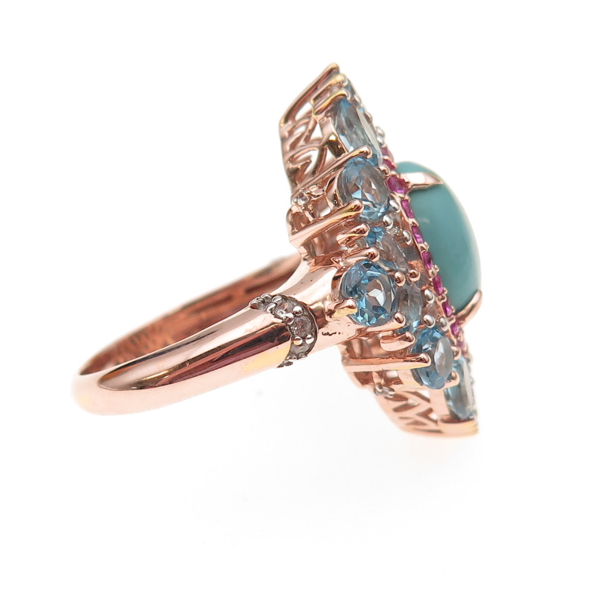 925 Sterling Gold Plated Real Turquoise Ruby Blue & White Topaz Ring Size 8.25