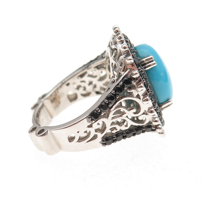 925 Sterling Silver Real Sleeping Beauty Turquoise & Black Spinel Ring Size 8