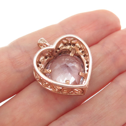 925 Sterling Silver Rose Gold Plated Amethyst & White Topaz Heart Charm Pendant
