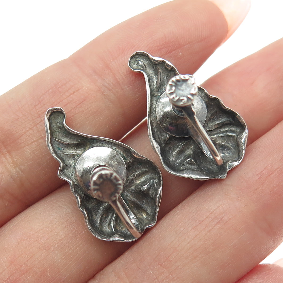 925 Sterling Silver Antique Art Deco Lily Repousse Oxidized Screw Back Earrings