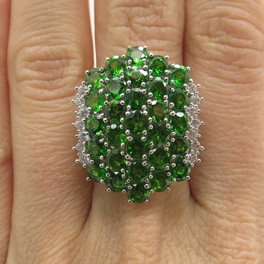 925 Sterling Silver Real Round-Cut Peridot & White Topaz Cluster Ring Size 8