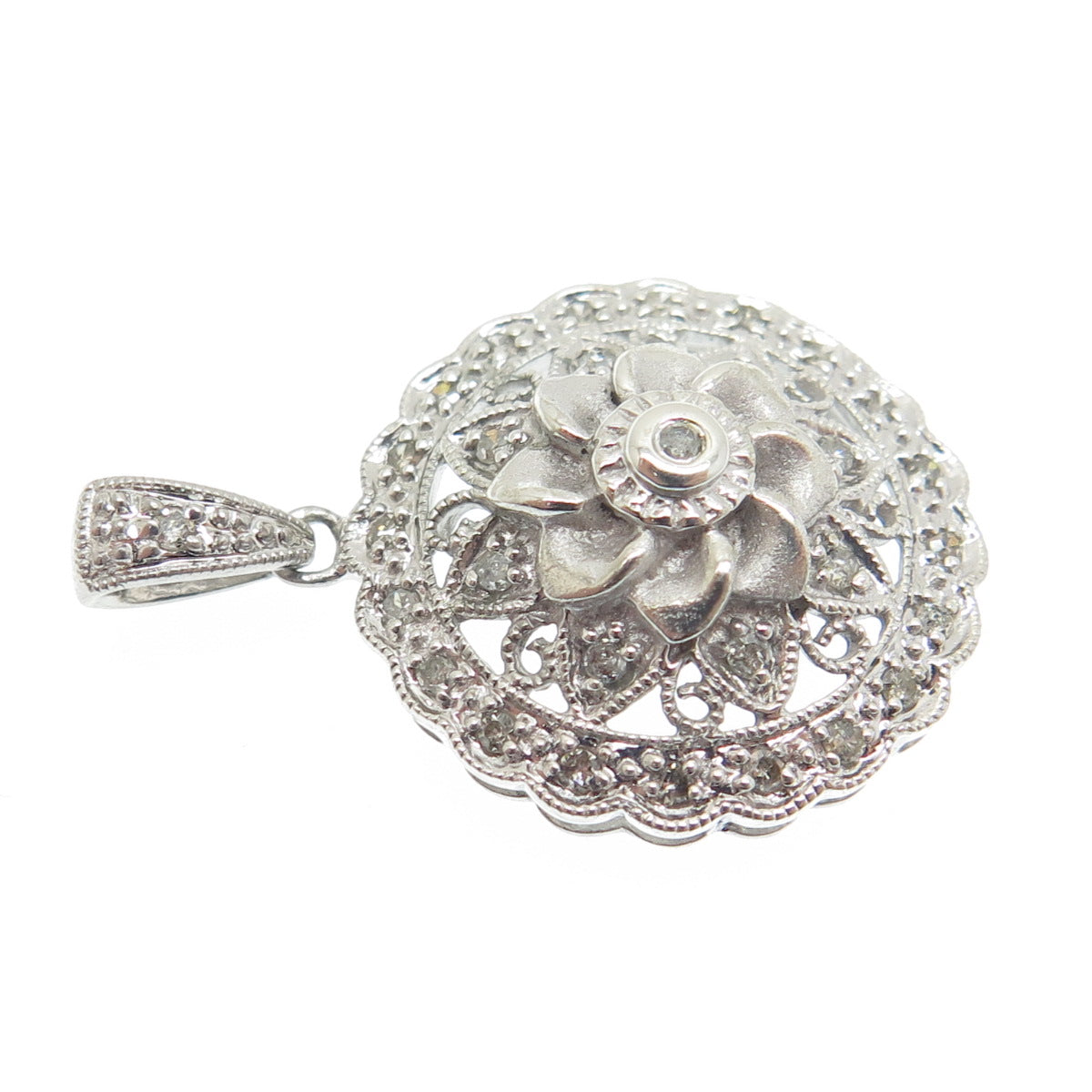 925 Sterling Silver Real Round-Cut Diamond Flower Blossom Pendant