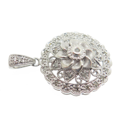 925 Sterling Silver Real Round-Cut Diamond Flower Blossom Pendant