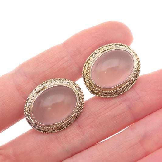 925 Sterling Silver Gold Plated Antique China Real Rose Quartz Cufflinks