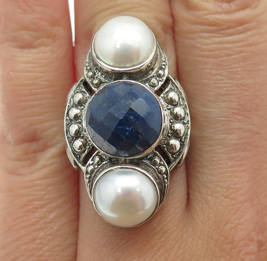 NICKY BUTLER 925 Sterling Silver Vintage Real Pearl & Sapphire Gem Ring Size 6