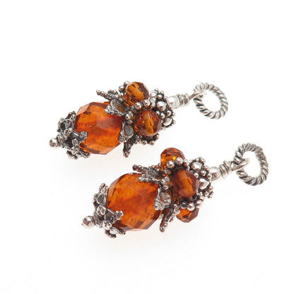 925 Sterling Silver Vintage Real Amber Granulated Jacket Earrings