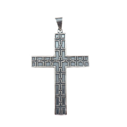 925 Sterling Silver Vintage Mexico Cross Religious Oxidized Large Pendant