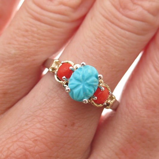 Chuck Clemency 925 Sterling Silver 2-Tone Real Turquoise & Coral Ring Size 8