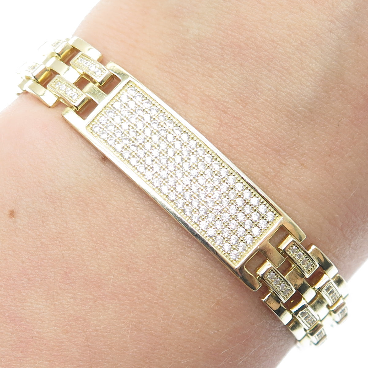 925 Sterling Silver Gold Plated C Z ID Panther Link Bracelet 7.75"