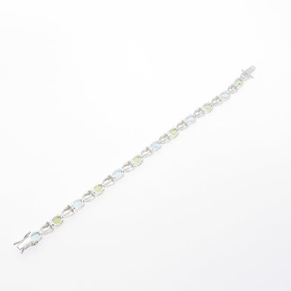925 Sterling Silver Vintage Real Oval-Cut Blue Topaz & Peridot Bracelet 7.25"