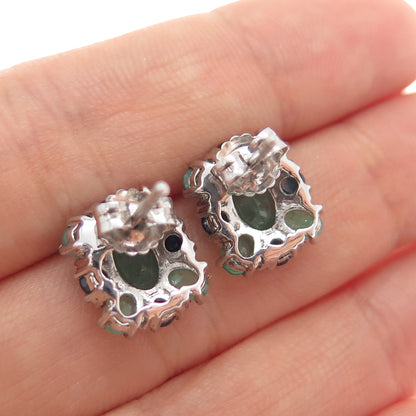 925 Sterling Silver Vintage Real Oval-Cut Emerald & Round-Cut Sapphire Earrings