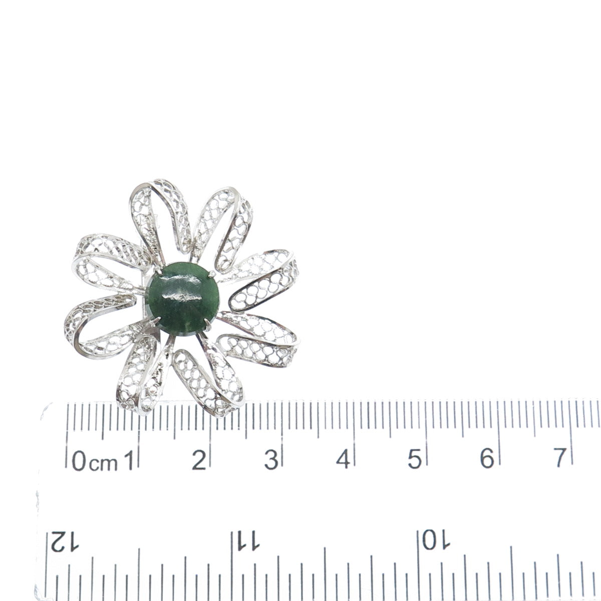 SORRENTO 925 Sterling Silver Vintage Real Jade Filigree Flower Pin Brooch