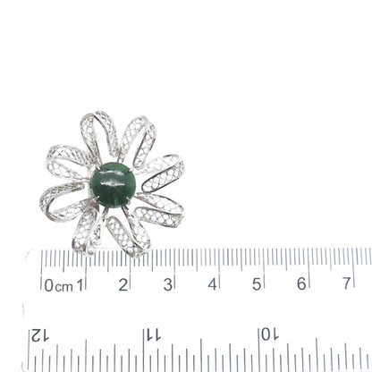 SORRENTO 925 Sterling Silver Vintage Real Jade Filigree Flower Pin Brooch