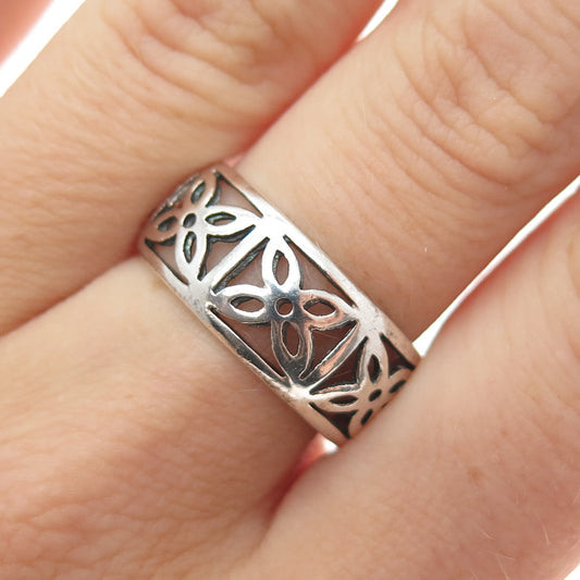 925 Sterling Silver Vintage Modernist Flower Oxidized Band Ring Size 8.25