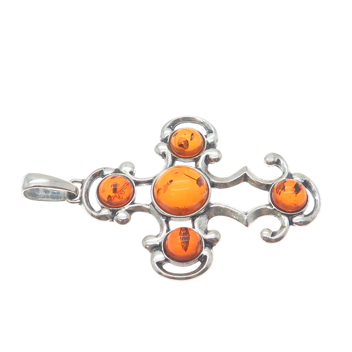 925 Sterling Silver Vintage Real Amber Modernist Cross Pendant