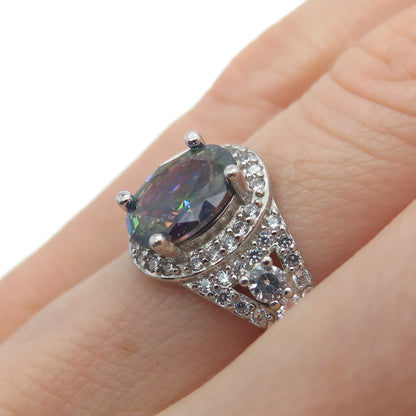 925 Sterling Silver Real Oval-Cut Mystic Quartz & C Z Cluster Ring Size 7.25