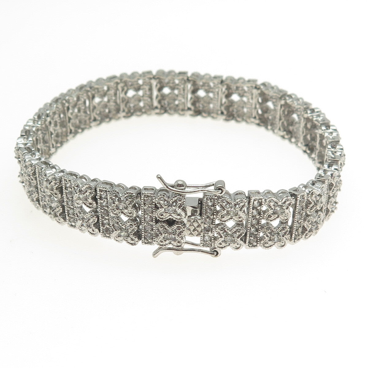 925 Sterling Silver Round-Cut Shaped C Z Tennis Panel Link Bracelet 7"