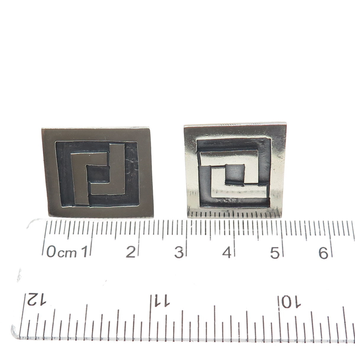 925 Sterling Silver Vintage Mexico Aztec Key Oxidized Screw Back Earrings