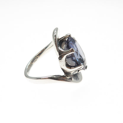 925 Sterling Silver Vintage Lab-Created Peacock Sapphire Modernist Ring Size 5