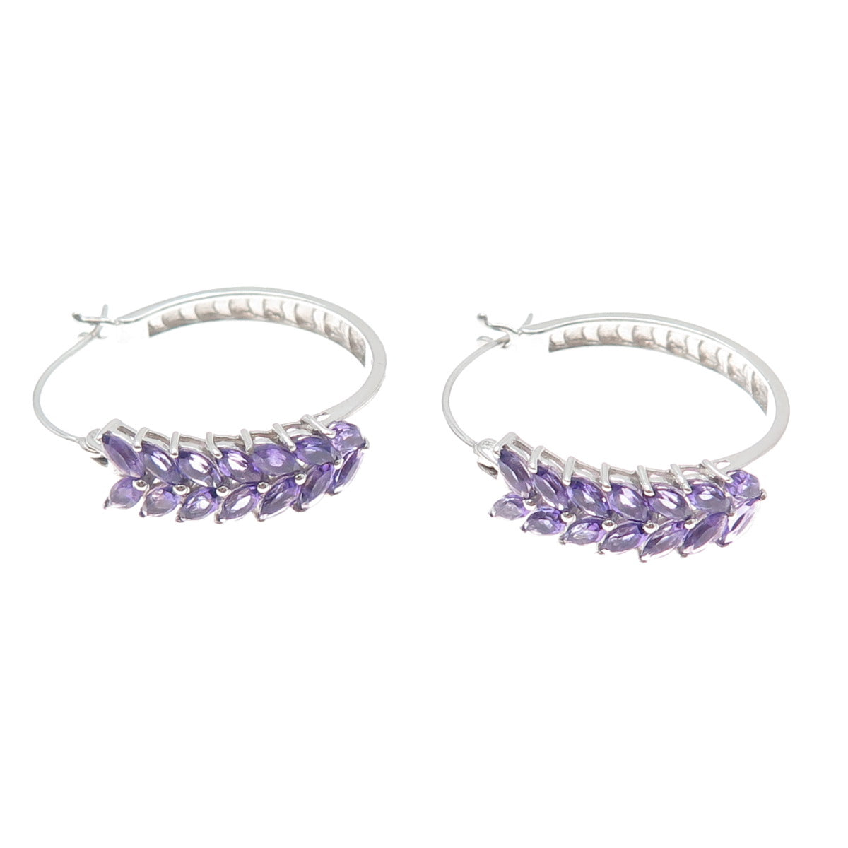 925 Sterling Silver Real Marquise-Cut Amethyst Laurel Hoop Earrings