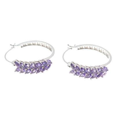 925 Sterling Silver Real Marquise-Cut Amethyst Laurel Hoop Earrings