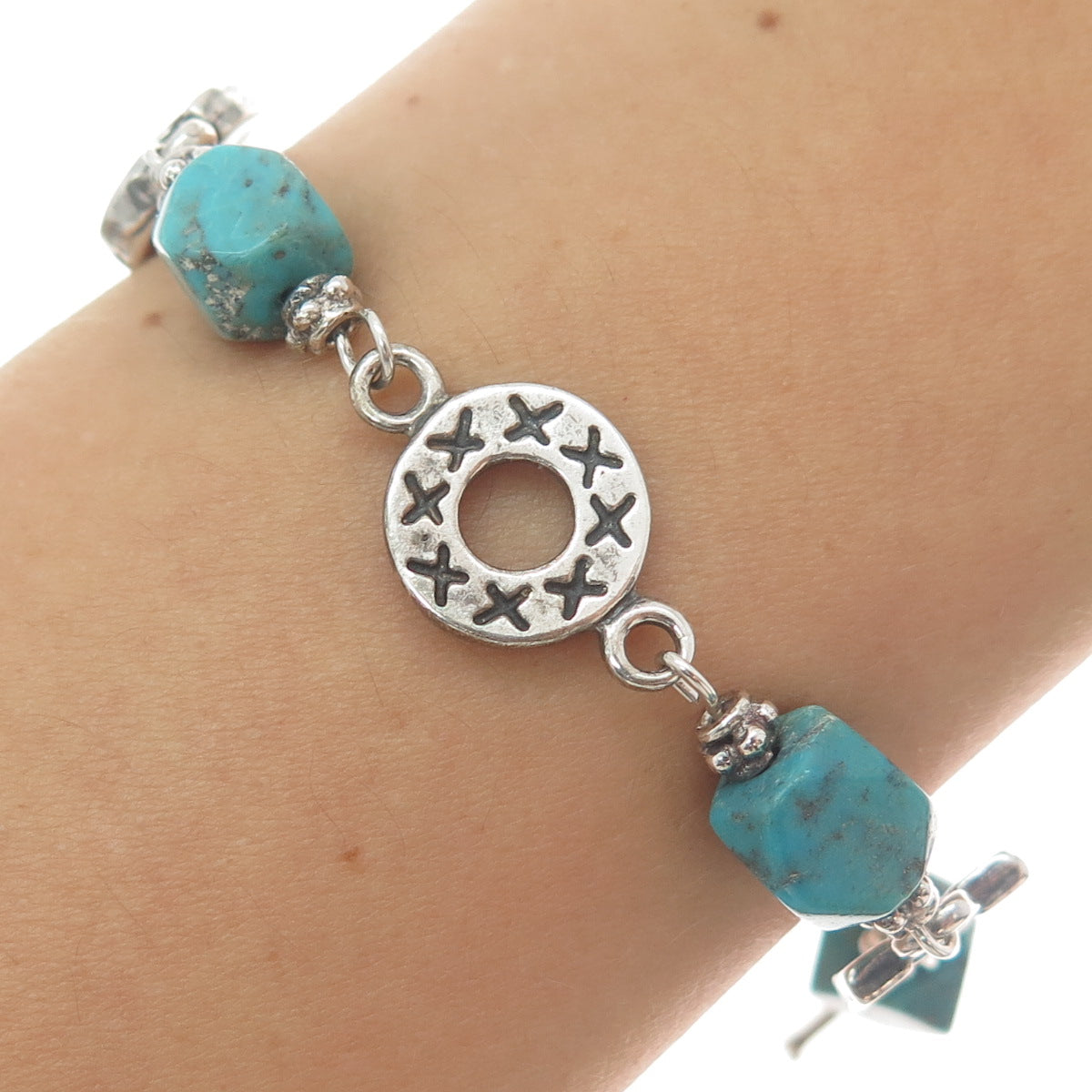 925 Sterling Silver Vintage Kingman Turquoise Spiral Circle Cross Bracelet 6.5"