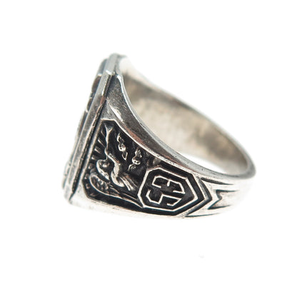925 Sterling Silver Vintage 1953 Enamel St. Louis School Oxidized Ring Size 6.5