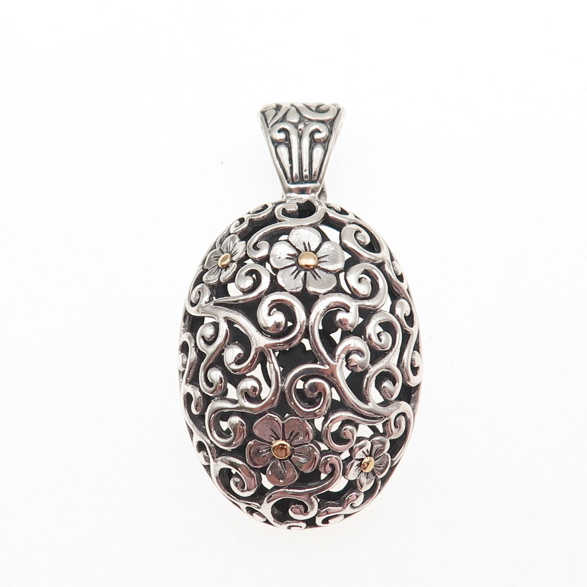 925 Sterling Silver 18K Gold Vintage Floral Ornate Oxidized Charm Pendant