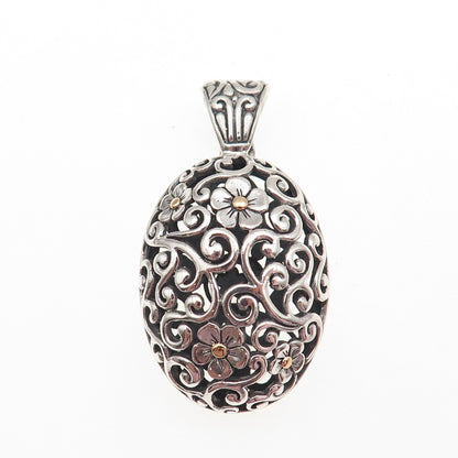 925 Sterling Silver 18K Gold Vintage Floral Ornate Oxidized Charm Pendant