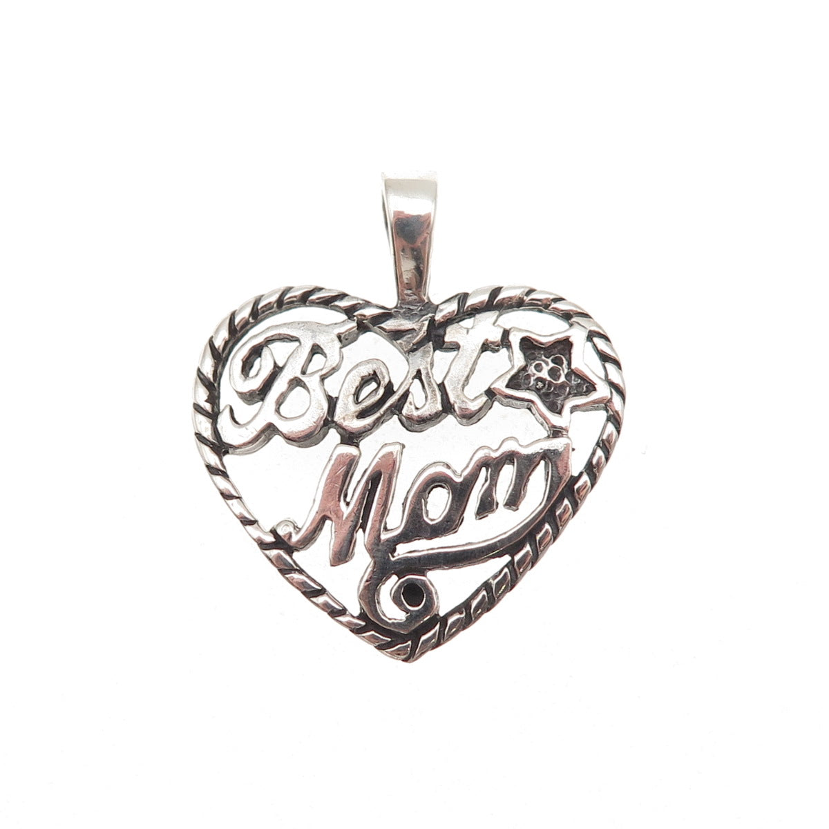 925 Sterling Silver Vintage Best Mom Heart Oxidized Charm Pendant