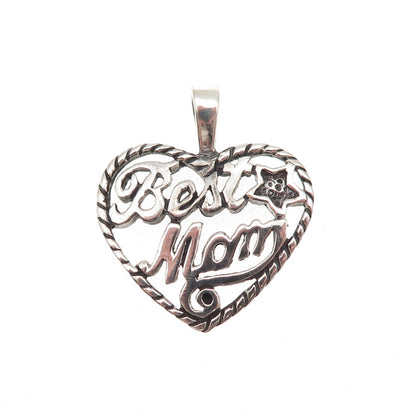 925 Sterling Silver Vintage Best Mom Heart Oxidized Charm Pendant