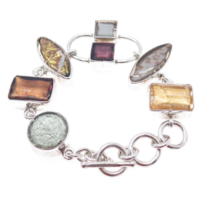 925 Sterling Silver Vintage Dichroic Glass Modernist Heavy 66.3g Bracelet 7-7.5"