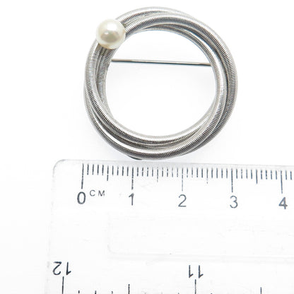 VAN DELL Sterling Silver Antique Art Deco Real Pearl Interlocked Circle Brooch